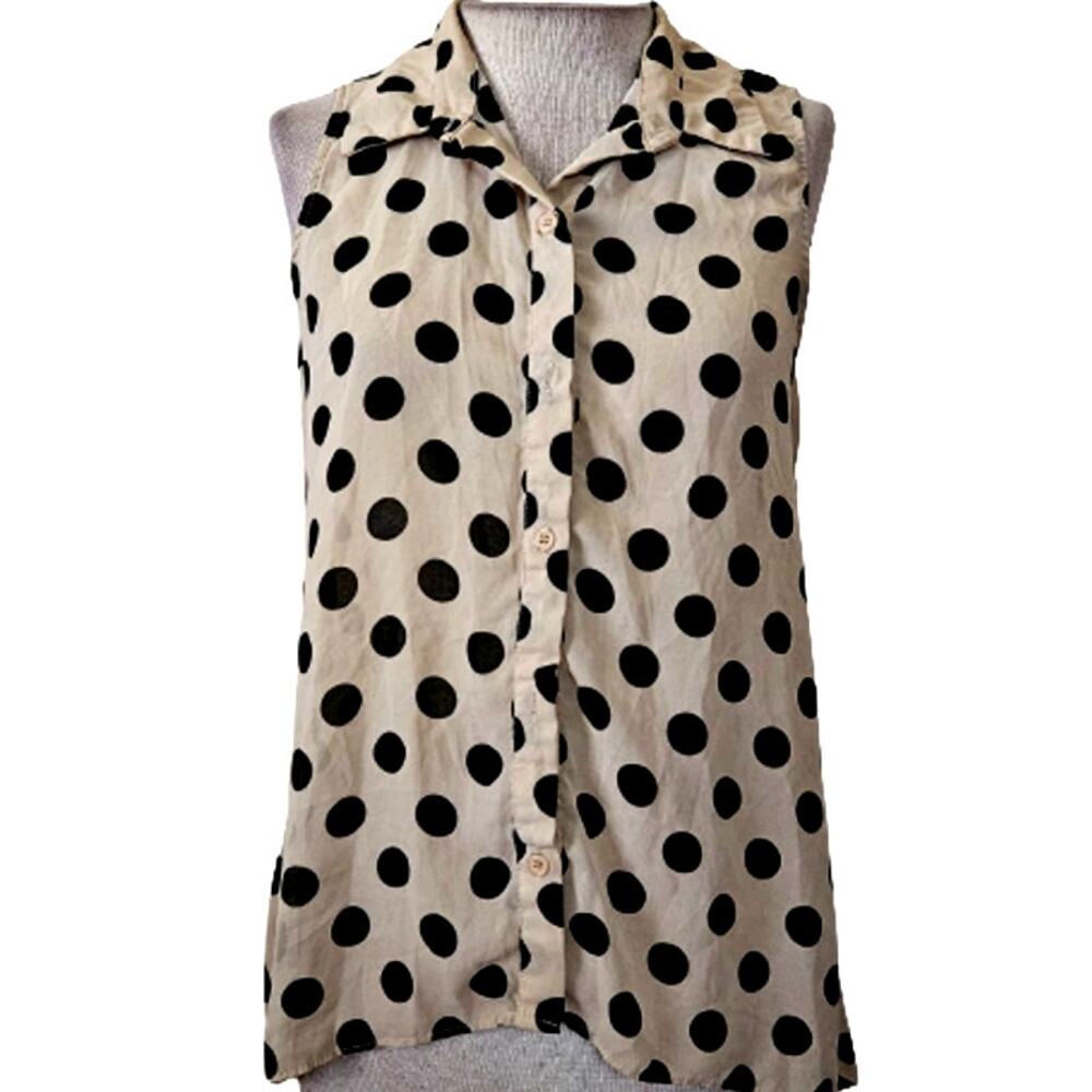 Cream and Black Polka Dot Sleeveless Blouse Size Medium